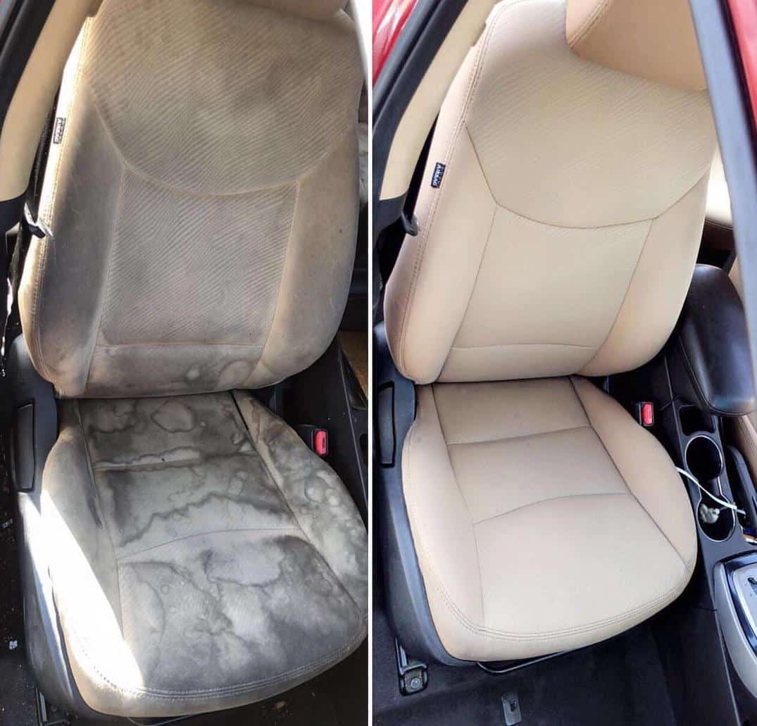 Car seat before and after professional interior car detailing in Toronto