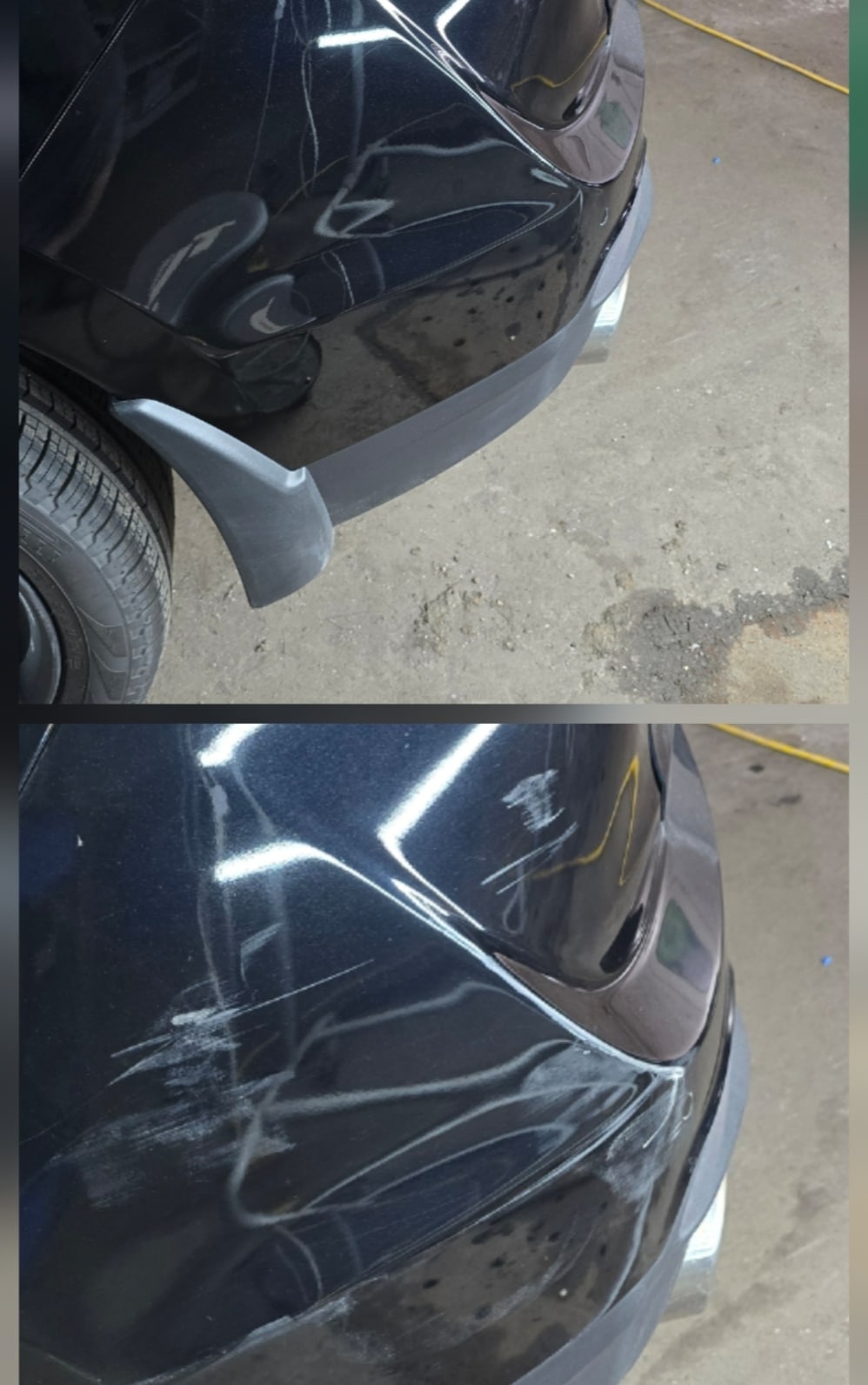 Black Acura MDX Bumper Scratch Reduction Before and After Before and after paint correction comparison showing scratch reduction on the bumper of a black Acura MDX